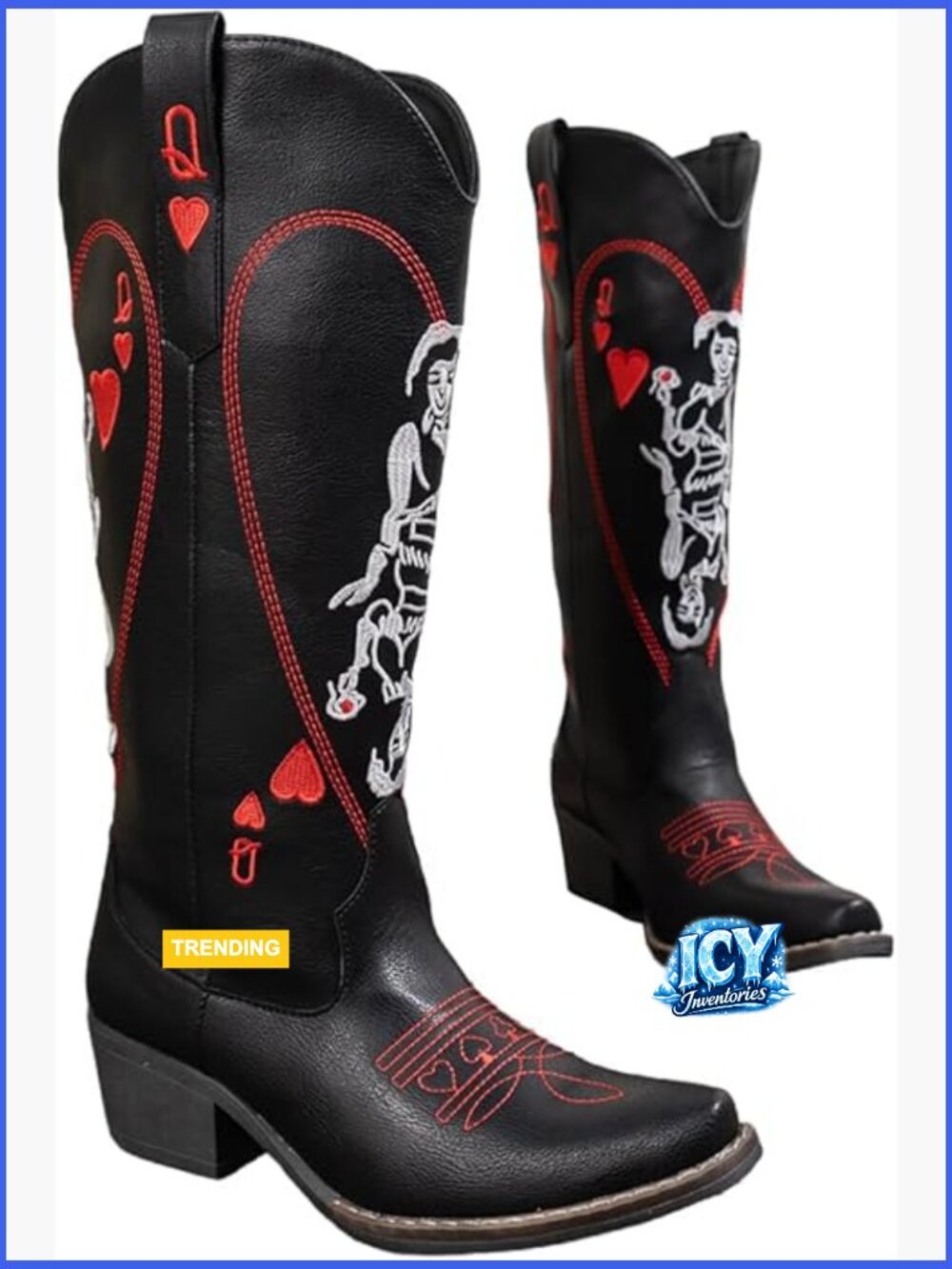 Vintage Embroidered Western Cowboy Boots with Red Heart Star Patterns Slip-On